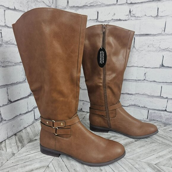 BROWN KNEE HIGH BOOTS Womens 7 WC Wide Calf Style & Co Side Zipper Low Heel Flat - Picture 1 of 16
